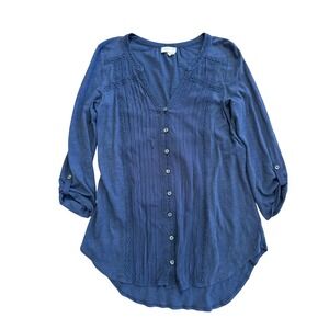 Meadow Rue Anthropologie Navy Blue Pintuck Lace Roll Tab Tie Back Blouse Small